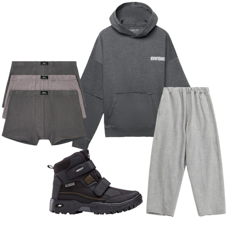 Outfit uomo - Total look #2269886. Stile Casual per Sport. Abbinamento con stivali e stivaletti, boxer, felpe con cappuccio, pantaloni.