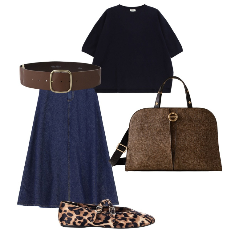 Outfit donna - Semplice. Stile Basic per Ufficio. Abbinamento con maglieria, cinture, gonne lunghe, borse a mano, ballerine.