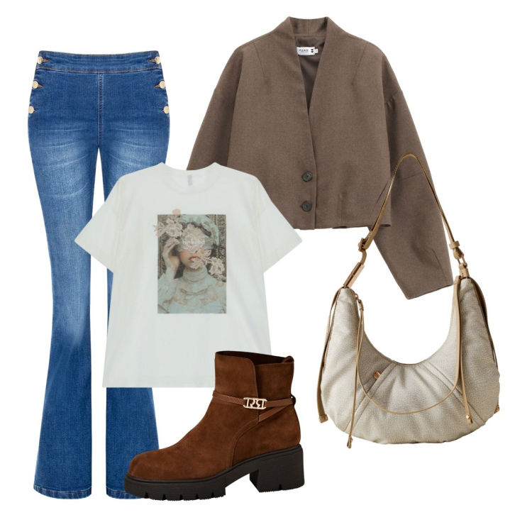 Outfit donna - Sempre bella. Stile Basic per Tutti i giorni. Abbinamento con blazer, borse a spalla, jeans a zampa, stivaletti, t-shirt.