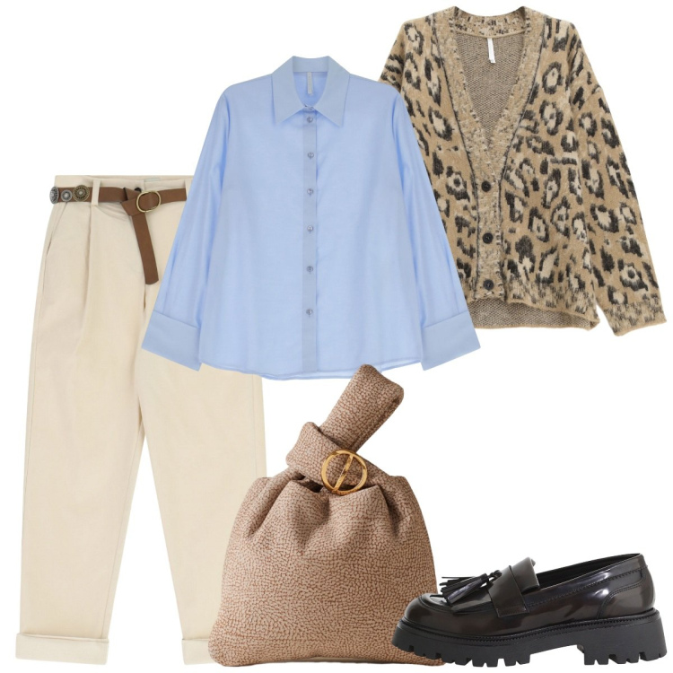 Outfit donna - La borsa col nodo. Stile Basic per Tutti i giorni. Abbinamento con borse a mano, pantaloni, mocassini, cardigans, camicie.