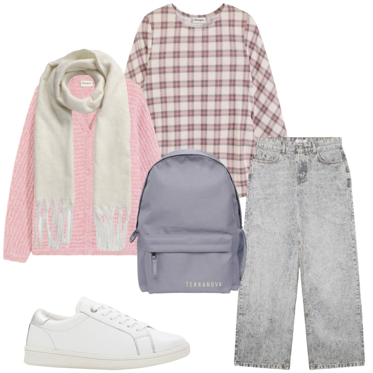 Outfit donna - Total look #2269892. Stile Casual per Scuola/Università. Abbinamento con sneakers, maglieria, cardigans, zaini, jeans boyfriend, sciarpe.
