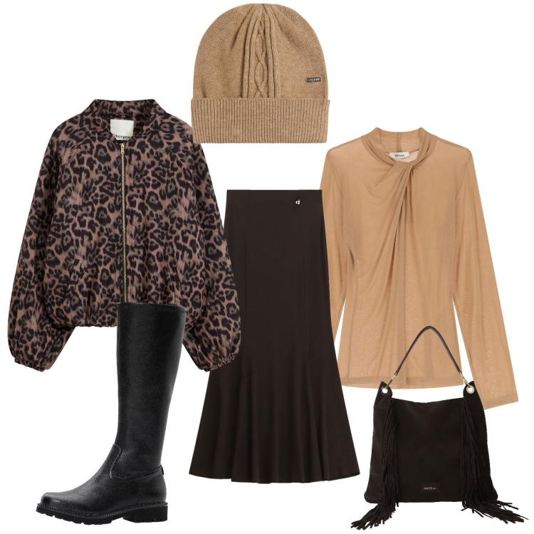 Outfit donna - Vado in ufficio. Stile Casual chic per Ufficio. Abbinamento con bomber, stivali, top, gonne lunghe, borse a spalla, berretti.