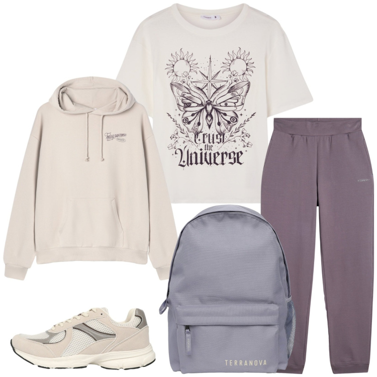 Outfit donna - Total look #2269897. Stile Casual per Sport. Abbinamento con zaini, sneakers, felpe con cappuccio, t-shirt, pantaloni.