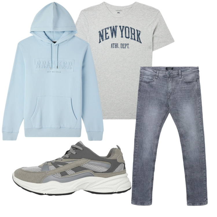 Outfit uomo - Total look #2269903. Stile Casual per Tutti i giorni. Abbinamento con t-shirt, sneakers, felpe con cappuccio, jeans skinny.