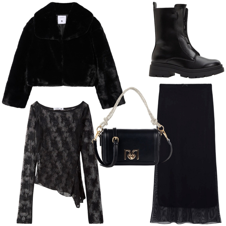 Outfit donna - Halloween party. Stile Glamour per Serata fuori. Abbinamento con stivaletti, gonne lunghe, maglieria, ecopellicce, borse a mano.