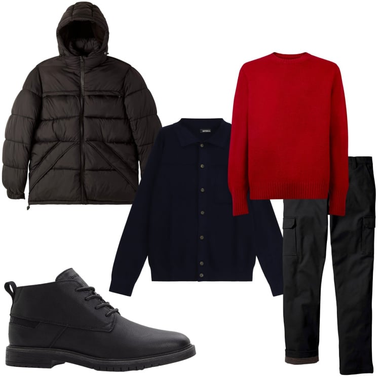 Outfit uomo - Total look #2269909. Stile Urban per Tutti i giorni. Abbinamento con pantaloni cargo, stivali e stivaletti, bomber, cardigans, maglieria.