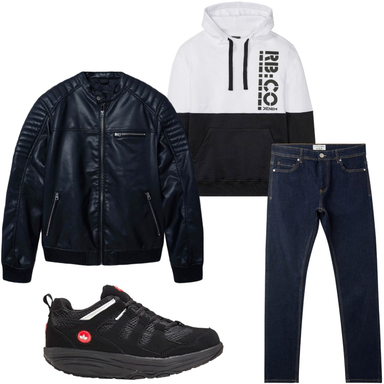 Outfit uomo - Total look #2269912. Stile Casual per Tutti i giorni. Abbinamento con felpe con cappuccio, sneakers, jeans skinny, giacche.