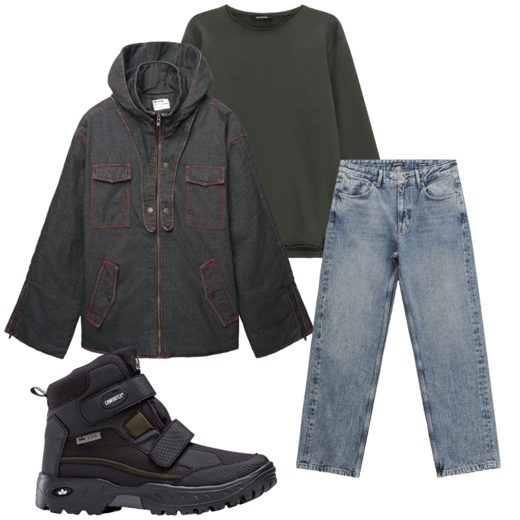 Outfit uomo - Total look #2269914. Stile Casual per Tutti i giorni. Abbinamento con stivali e stivaletti, giacche, jeans dritti, felpe.