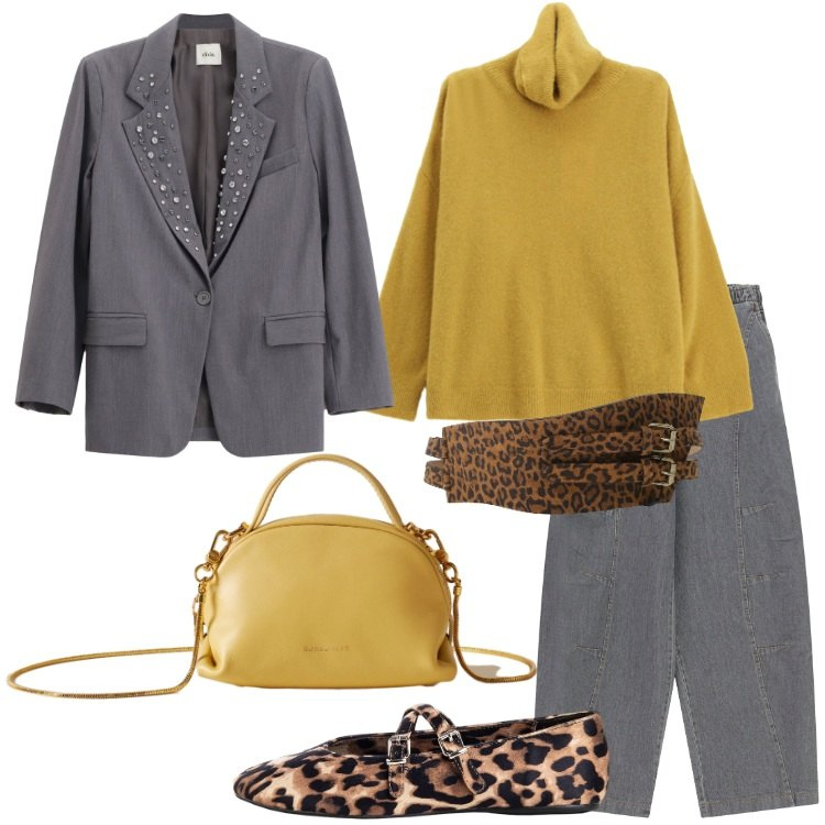 Outfit donna - Un tocco di senape. Stile Trendy per Tutti i giorni. Abbinamento con cinture, pantaloni a palazzo, blazer, borse a mano, ballerine, maglieria.