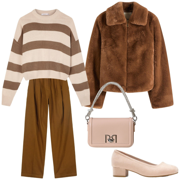 Outfit donna - Look 3 cioccolato. Stile Casual chic per Tutti i giorni. Abbinamento con décolleté, ecopellicce, maglieria, borse a mano, pantaloni.