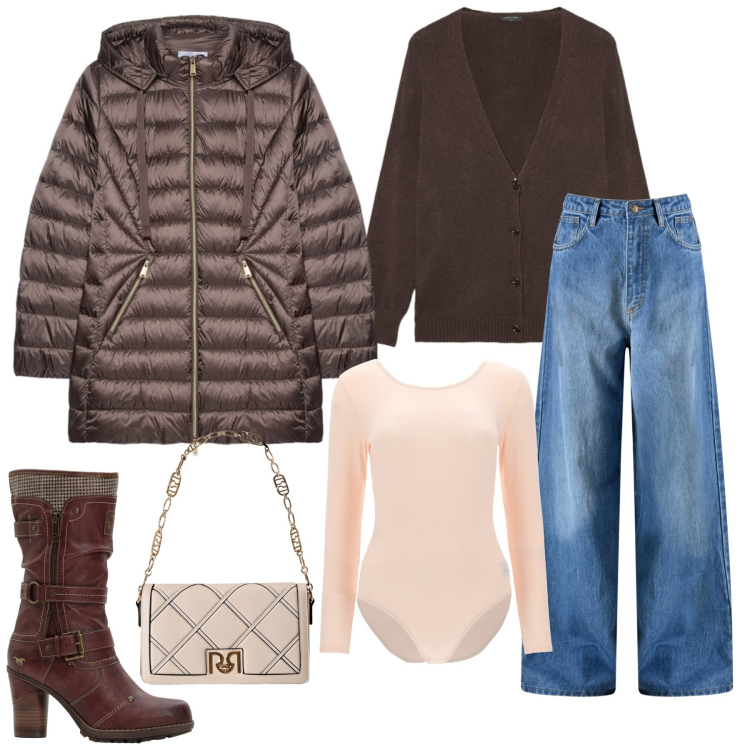 Outfit donna - Fover Brown. Stile Casual per Scuola/Università. Abbinamento con stivali, borse a tracolla, jeans, body, piumini, cardigans.