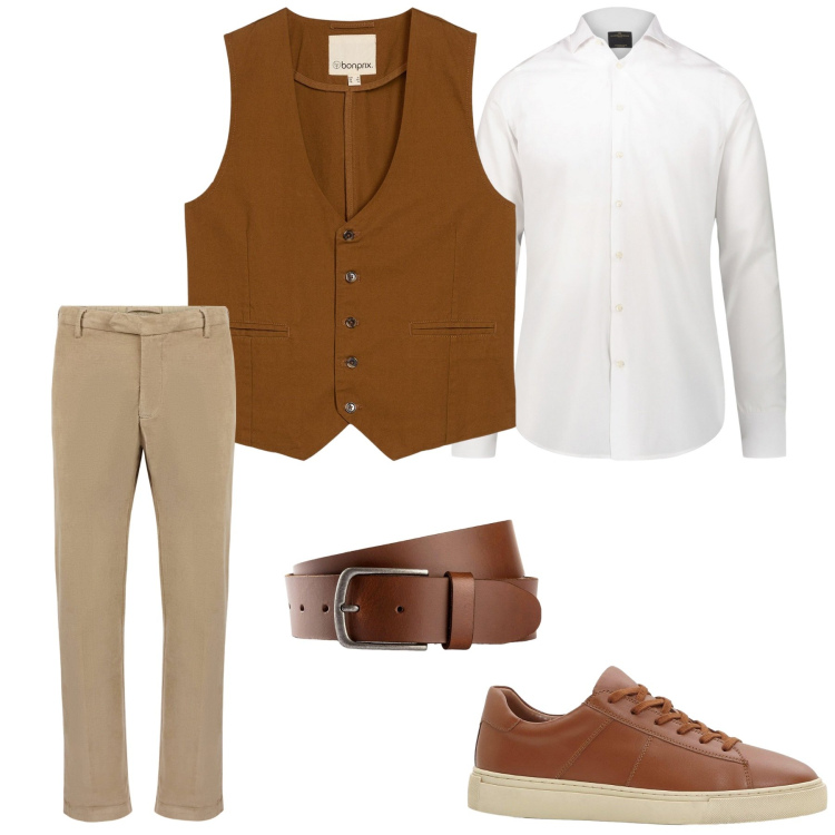 Outfit uomo - Love autunm. Stile Trendy per Ufficio. Abbinamento con cinture, gilet, sneakers, camicie, pantaloni.