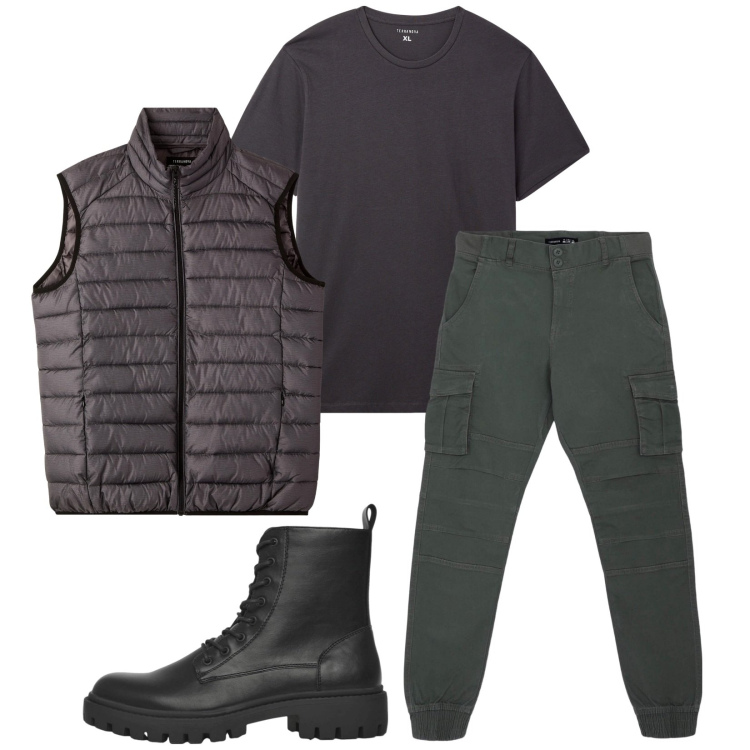 Outfit uomo - Total look #2269942. Stile Urban per Tutti i giorni. Abbinamento con pantaloni cargo, t-shirt, anfibi, piumini.