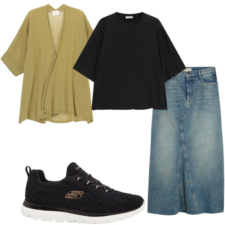 Outfit donna - Un tocco di senape curvy. Stile Basic per Tutti i giorni. Abbinamento con gonne, sneakers, cardigans, top.