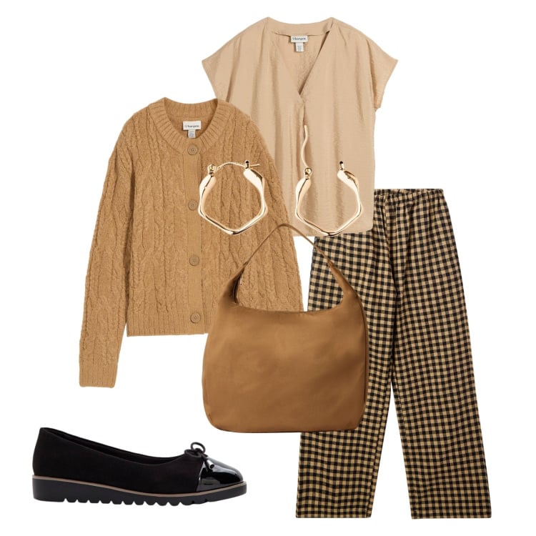 Outfit donna - Total look #2269945. Stile Casual chic per Ufficio. Abbinamento con orecchini, ballerine, tuniche, cardigans, pantaloni, borse a mano.