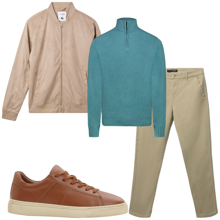 Outfit uomo - Urban style. Stile Urban per Tutti i giorni. Abbinamento con sneakers, bomber, pantaloni chino, maglieria.