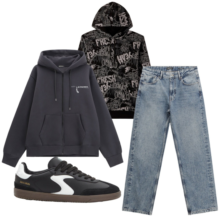 Outfit uomo - Total look #2269947. Stile Urban per Tutti i giorni. Abbinamento con sneakers, felpe con cappuccio, jeans dritti, felpe con cappuccio.