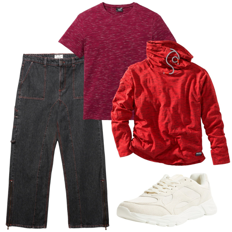 Outfit uomo - Red touch. Stile Casual per Tutti i giorni. Abbinamento con maglieria, t-shirt, sneakers, jeans dritti.