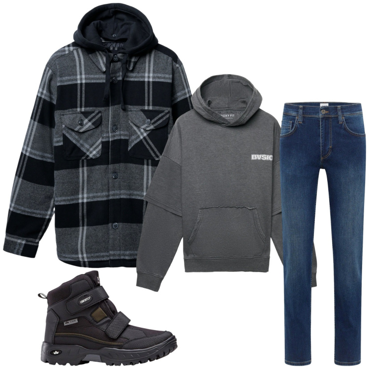 Outfit uomo - Total look #2269950. Stile Casual per Tutti i giorni. Abbinamento con stivali e stivaletti, jeans dritti, felpe con cappuccio, giacche.