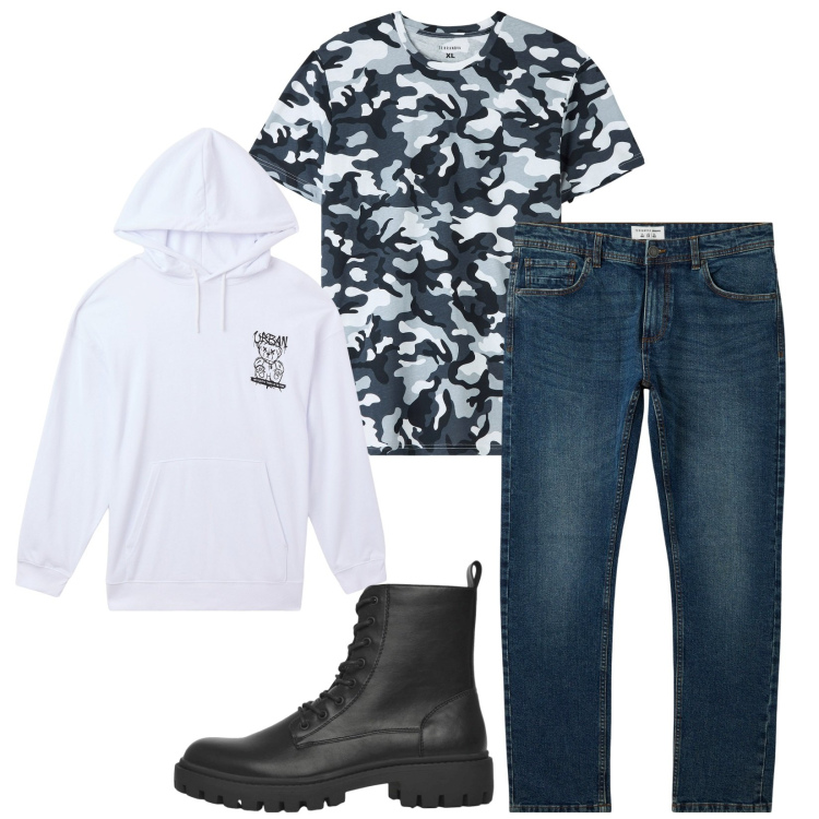 Outfit uomo - Total look #2269955. Stile Urban per Tutti i giorni. Abbinamento con t-shirt, jeans, felpe con cappuccio, anfibi.