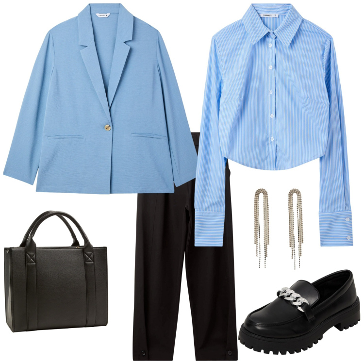 Outfit donna - Giacca leggera autunnale. Stile Casual chic per Ufficio. Abbinamento con mocassini, borse tote, orecchini, blazer, camicie, pantaloni.