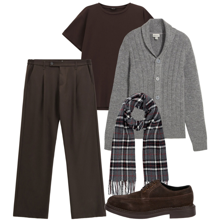 Outfit uomo - Tono su tono autunnale. Stile Casual per Tutti i giorni. Abbinamento con cardigans, pantaloni, t-shirt, scarpe stringate, sciarpe.