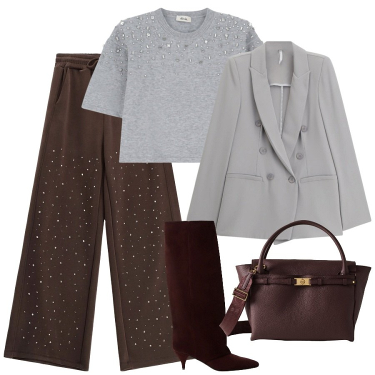 Outfit donna - Dettagli luminosi. Stile Chic per Ufficio. Abbinamento con blazer, pantaloni, maglieria, stivali, borse a mano.
