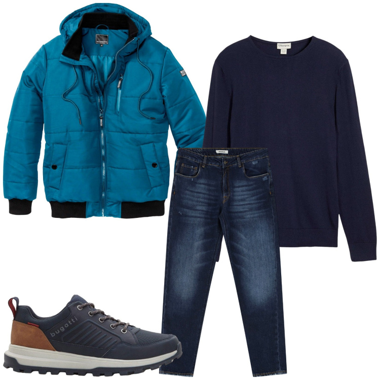 Outfit uomo - Total look #2269965. Stile Trendy per Tutti i giorni. Abbinamento con bomber, sneakers, maglieria, jeans dritti.