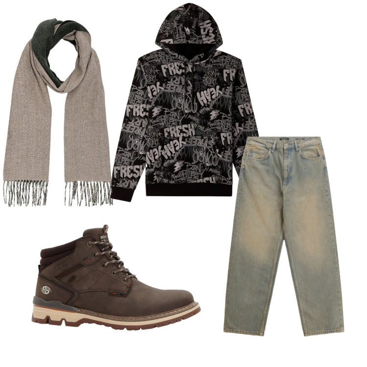 Outfit uomo - Total look #2269966. Stile Trendy per Tutti i giorni. Abbinamento con stivali e stivaletti, felpe con cappuccio, jeans, sciarpe.