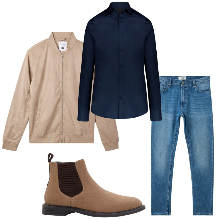 Outfit uomo - Total look #2269969. Stile Casual per Ufficio. Abbinamento con stivali e stivaletti, jeans skinny, bomber, camicie.
