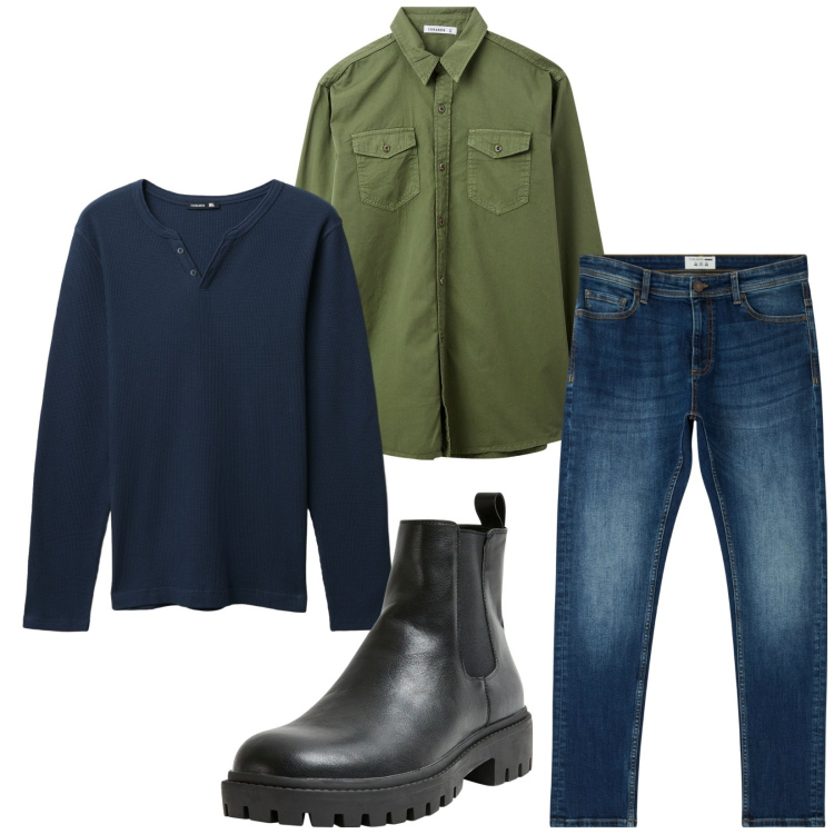 Outfit uomo - Total look #2269972. Stile Casual per Tutti i giorni. Abbinamento con jeans skinny, stivali e stivaletti, camicie, t-shirt.