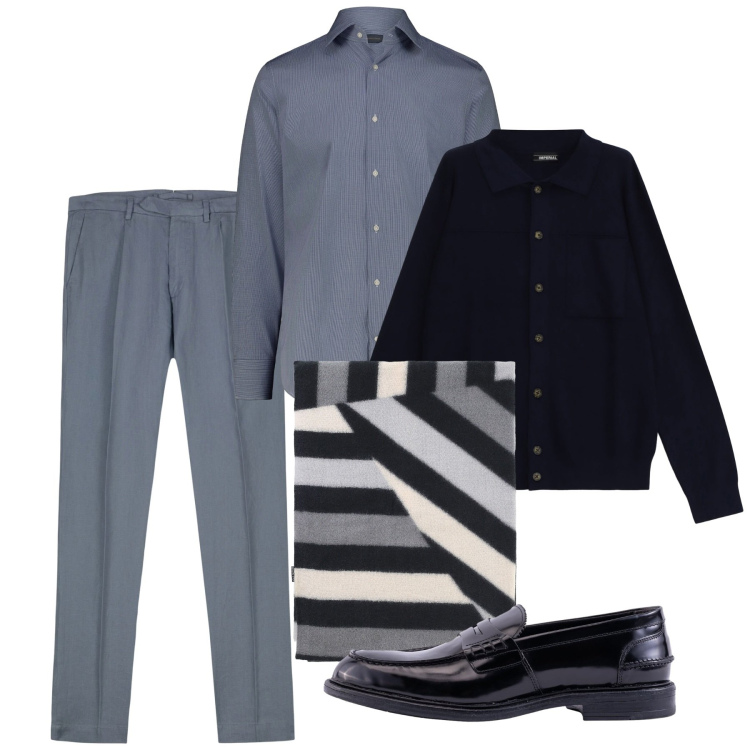 Outfit uomo - L’accessorio che fa la differenza. Stile Casual per Serata speciale. Abbinamento con sciarpe, cardigans, pantaloni, camicie, scarpe stringate.