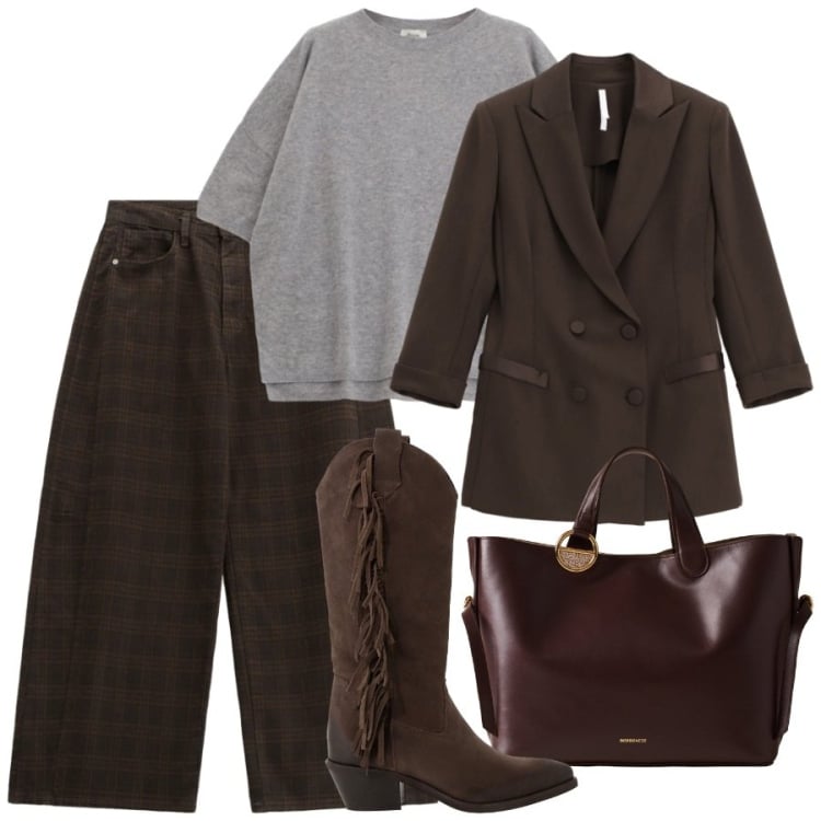 Outfit donna - Palette cioccolato. Stile Chic per Tutti i giorni. Abbinamento con pantaloni, blazer, stivali, maglieria, shopping bag.