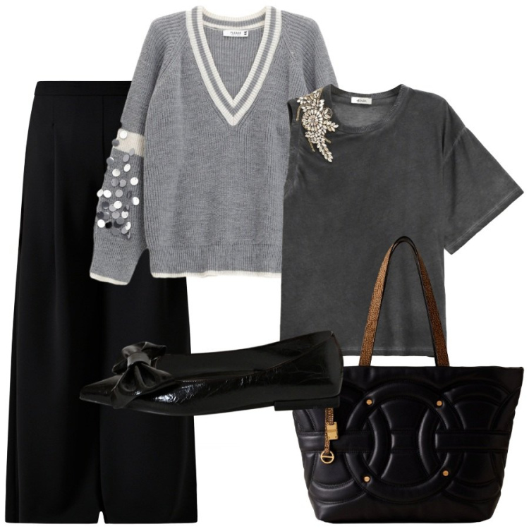 Outfit donna - Curvy chic. Stile Chic per Tutti i giorni. Abbinamento con ballerine, pantaloni a palazzo, maglieria, t-shirt, shopping bag.