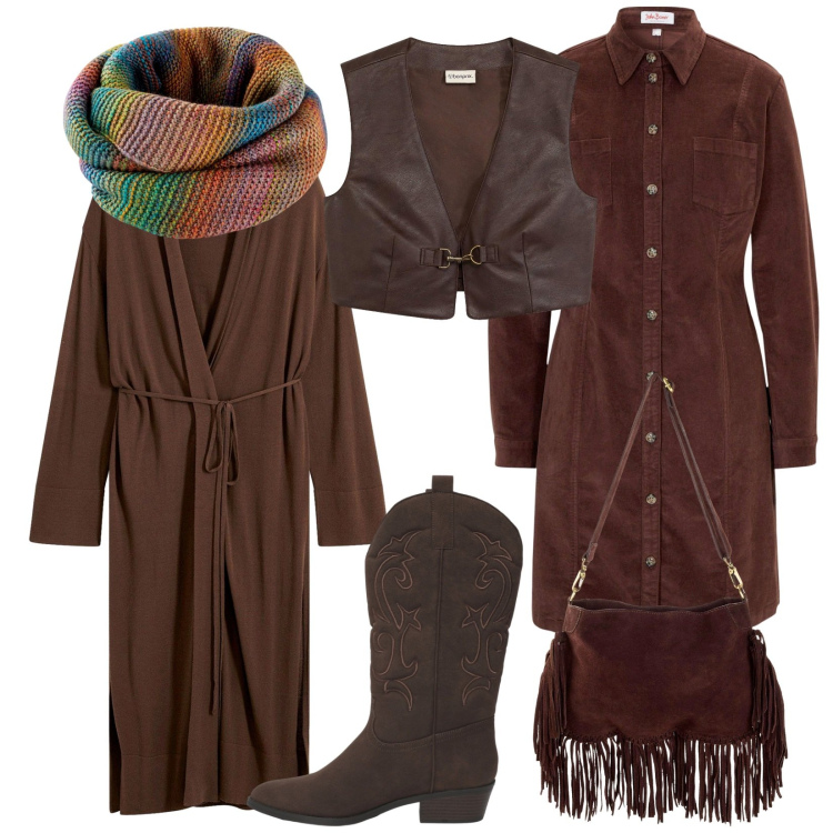 Outfit donna - Total look #2269985. Stile Boho per Serata fuori. Abbinamento con vestiti, foulard, cappotti, gilet, borse a tracolla, stivaletti texani.
