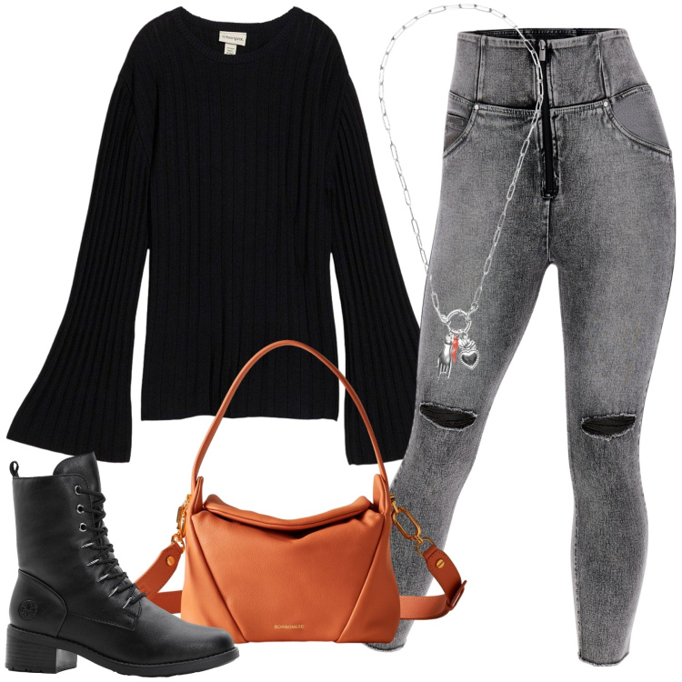 Outfit donna - Halloween. Stile Trendy per Serata fuori. Abbinamento con stivaletti, maglieria, borse a spalla, jeans skinny, ciondoli.