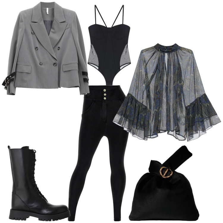 Outfit donna - Total look #2269987. Stile Sexy per Serata fuori. Abbinamento con jeggings, body, blazer, bluse, stivali, borse a mano.