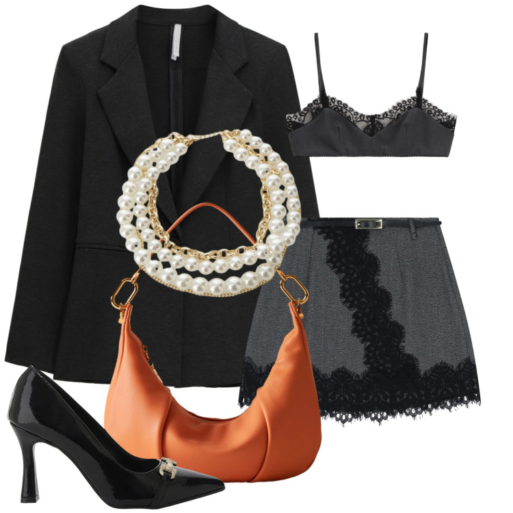 Outfit donna - Halloween. Stile Sexy per Serata fuori. Abbinamento con collane, borse a spalla, décolleté, top, blazer, minigonne.