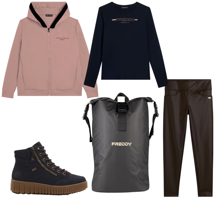 Outfit donna - Total look #2269990. Stile Casual per Sport. Abbinamento con sneakers alte, leggings, felpe con cappuccio, borse sportive, t-shirt.