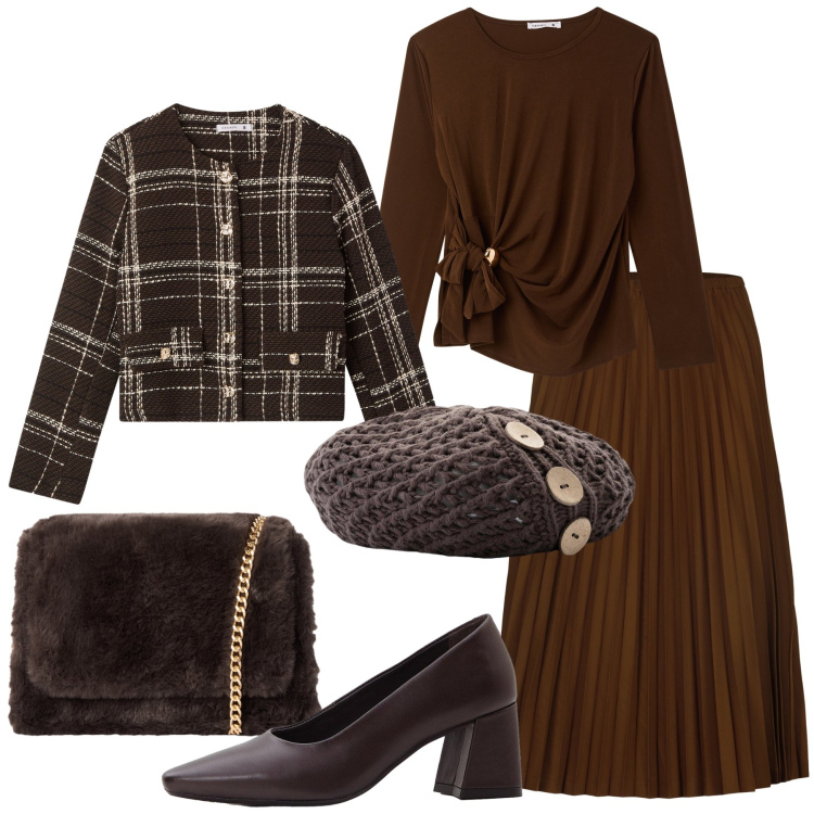 Outfit donna - W il cioccolato @pamela. Stile Bon Ton per Ufficio. Abbinamento con berretti, décolleté, blazer, bluse, borse a tracolla, gonne longuette.