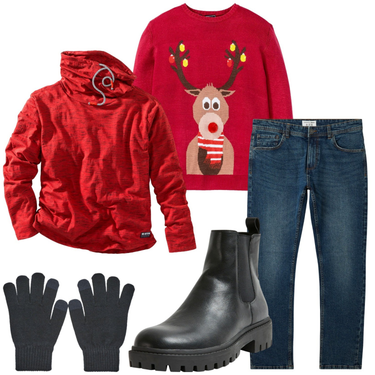 Outfit uomo - Total look #2270004. Stile Trendy per Serata speciale. Abbinamento con maglieria, maglieria, jeans, stivali e stivaletti, guanti.