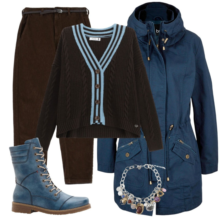 Outfit donna - Sky details. Stile Casual per Tutti i giorni. Abbinamento con parka, stivaletti, cardigans, pantaloni chino, braccialetti con ciondoli.