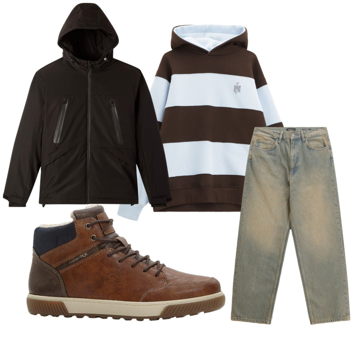 Outfit uomo - Total look #2270008. Stile Casual per Tutti i giorni. Abbinamento con sneakers alte, giacche, jeans, felpe con cappuccio.