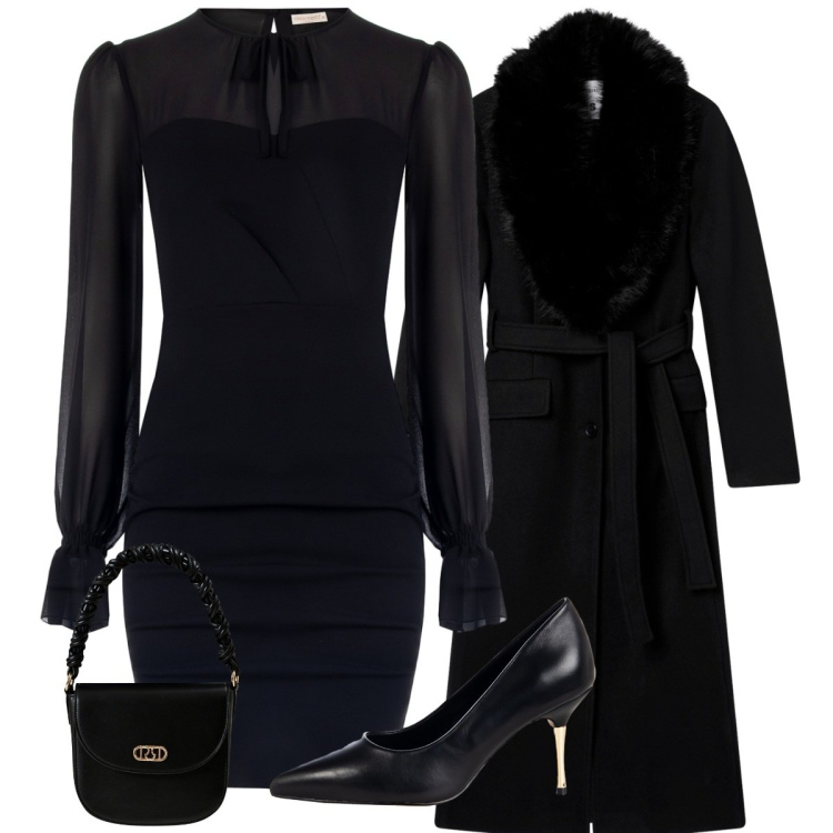 Outfit donna - Total black. Stile Chic per Serata fuori. Abbinamento con cappotti, vestiti a tubino, décolleté, borse a mano.