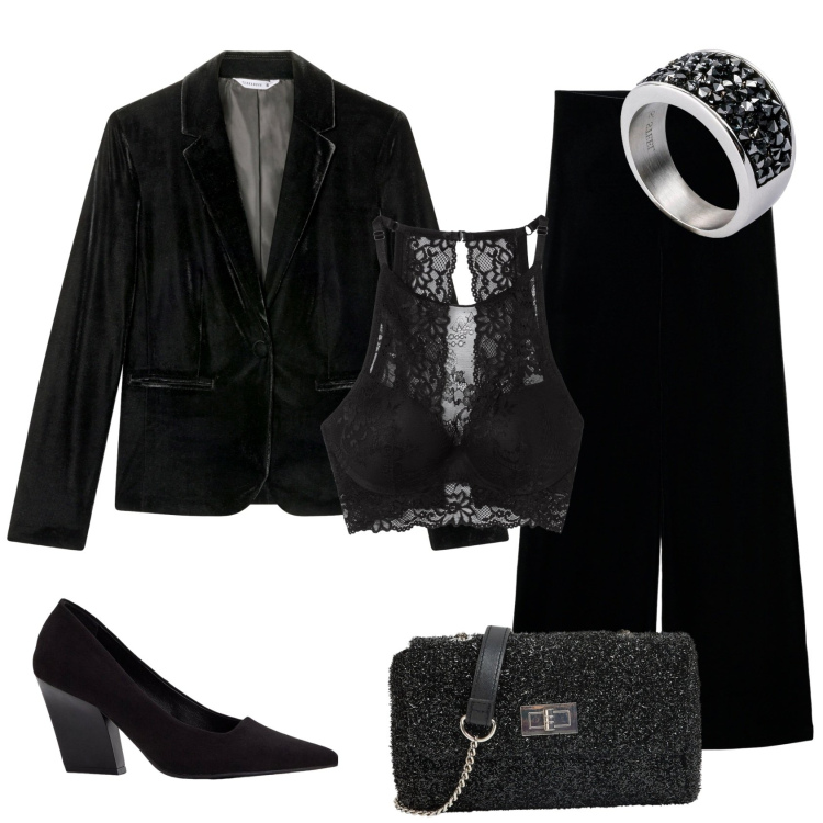 Outfit donna - Cena di Halloween. Stile Chic per Serata fuori. Abbinamento con anelli, décolleté, borse a tracolla, bralette, pantaloni, blazer.