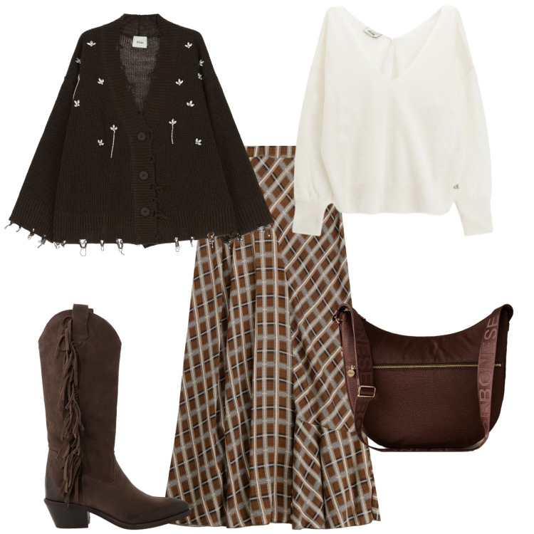 Outfit donna - Country chic. Stile Trendy per Tutti i giorni. Abbinamento con borse a spalla, gonne lunghe, cardigans, stivali, maglieria.