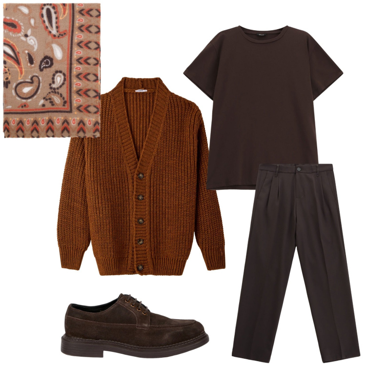 Outfit uomo - Total look #2270030. Stile Casual per Tutti i giorni. Abbinamento con cardigans, pantaloni, sciarpe e foulard, t-shirt, scarpe stringate.