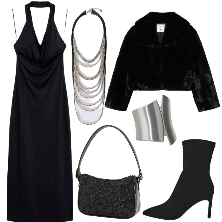 Outfit donna - Party di Halloween. Stile Glamour per Serata fuori. Abbinamento con borse a mano, vestiti lunghi, ecopellicce, stivali, anelli, collane.