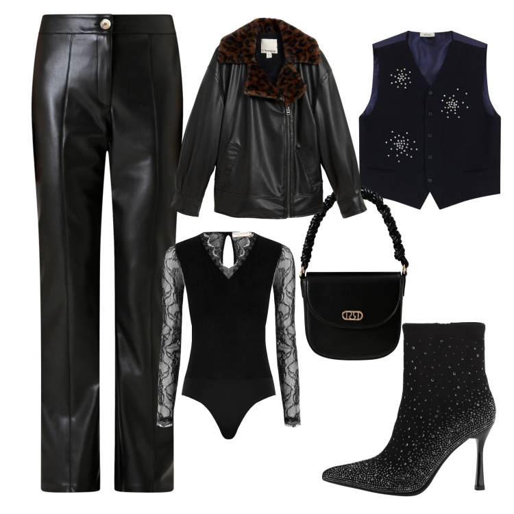 Outfit donna - Texture a contrasto!. Stile Trendy per Serata fuori. Abbinamento con blazer, gilet, bluse, pantaloni, borse a mano, stivaletti.