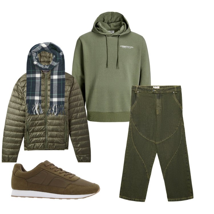 Outfit uomo - Total look #2270036. Stile Trendy per Tutti i giorni. Abbinamento con felpe con cappuccio, sneakers, piumini, sciarpe, jeans dritti.